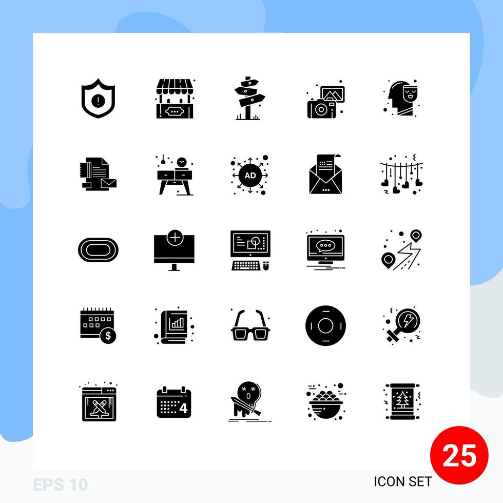 Pack of 25 Modern Solid Glyphs Signs and Symbols for Web Print Media such as mind camera board photos images Editable Vector Design Elements