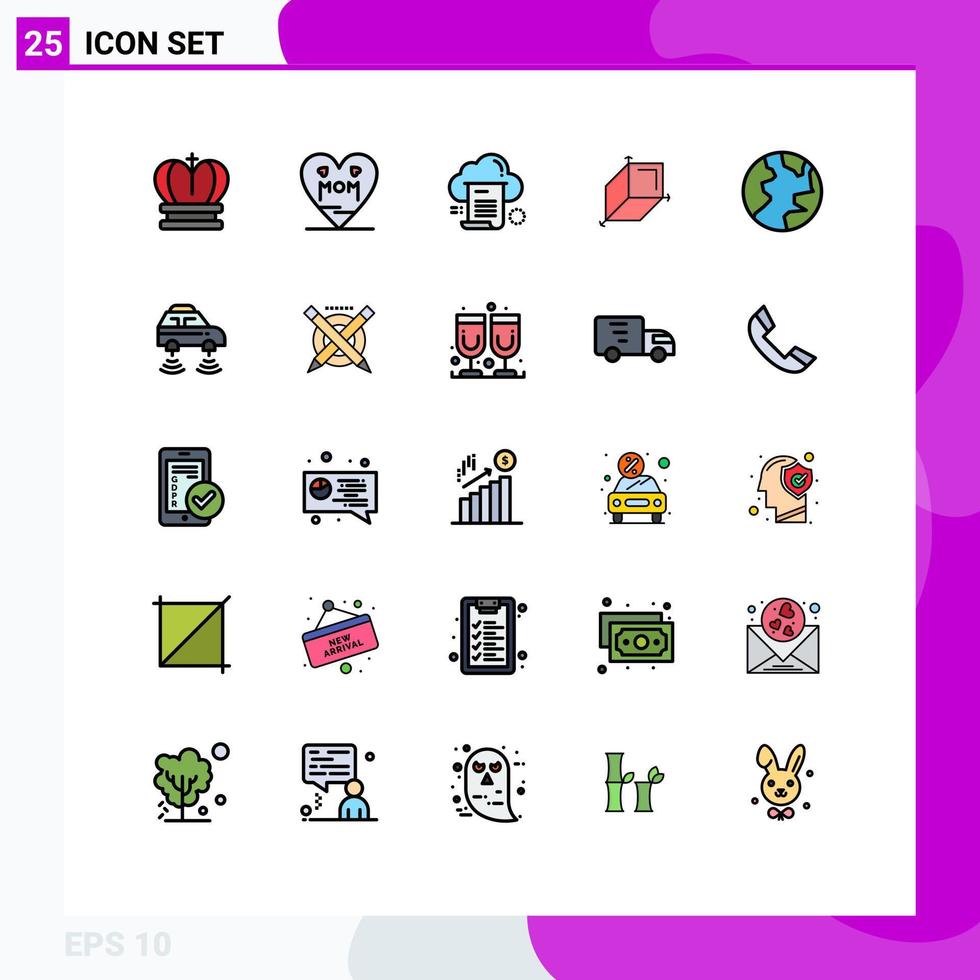 Universal Icon Symbols Group of 25 Modern Filled line Flat Colors of globe design file cuboid computing Editable Vector Design Elements