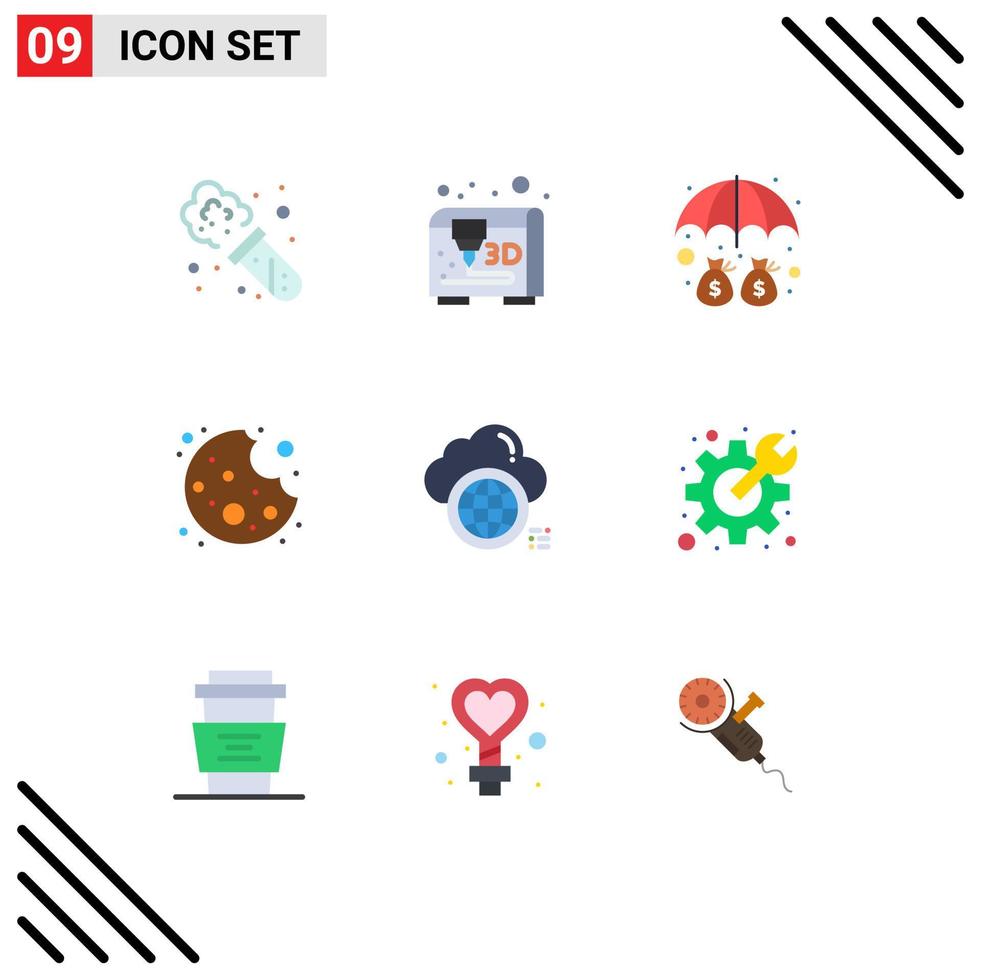 Mobile Interface Flat Color Set of 9 Pictograms of cog world protection globe cloud Editable Vector Design Elements