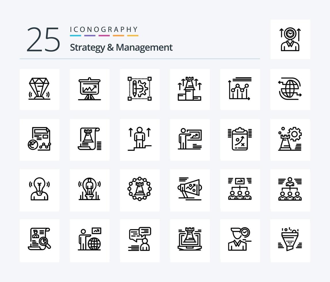 Strategy And Management 25 Line icon pack including chess. up. board. strategy. cog wheeld printer vector