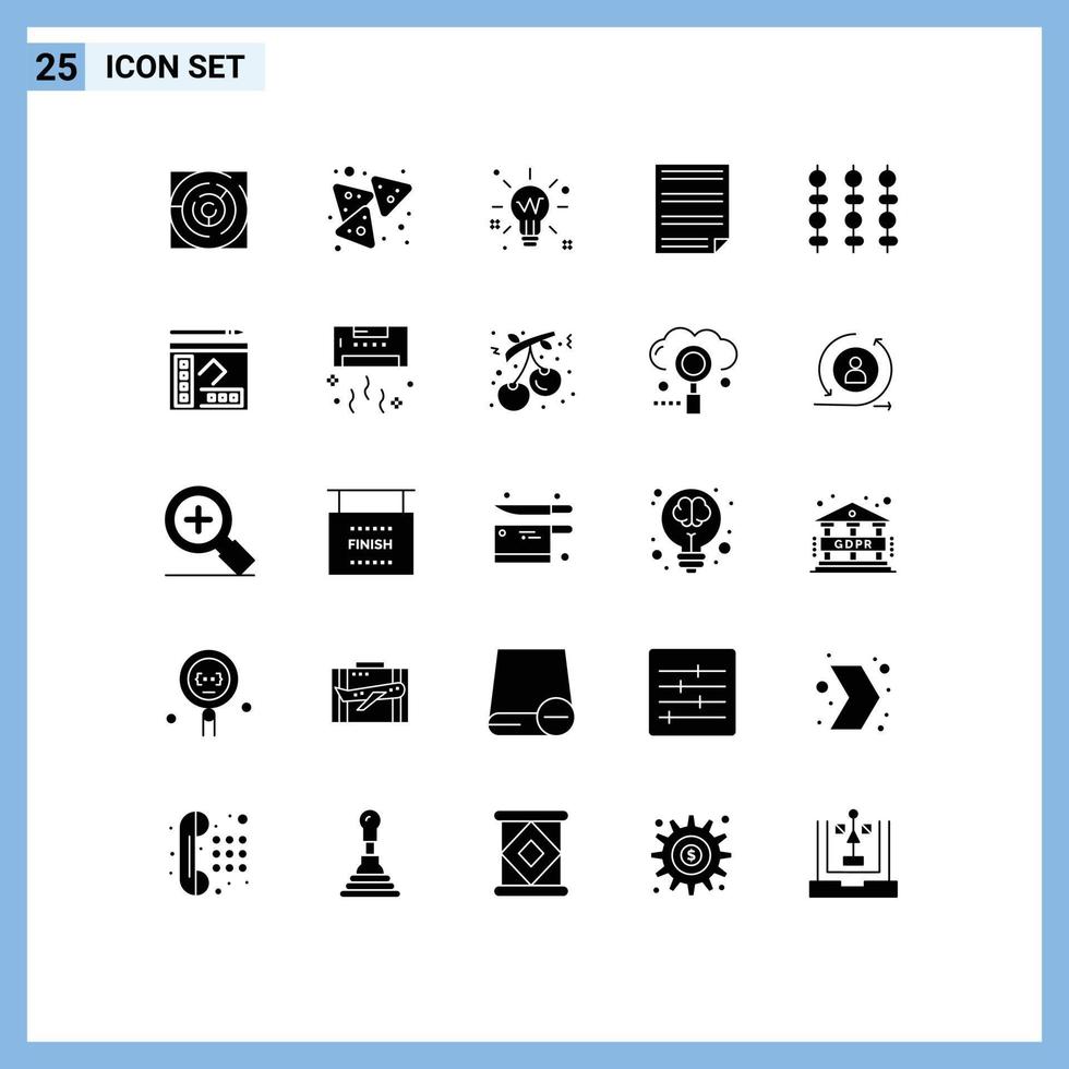 Modern Set of 25 Solid Glyphs Pictograph of page document snack data solution Editable Vector Design Elements