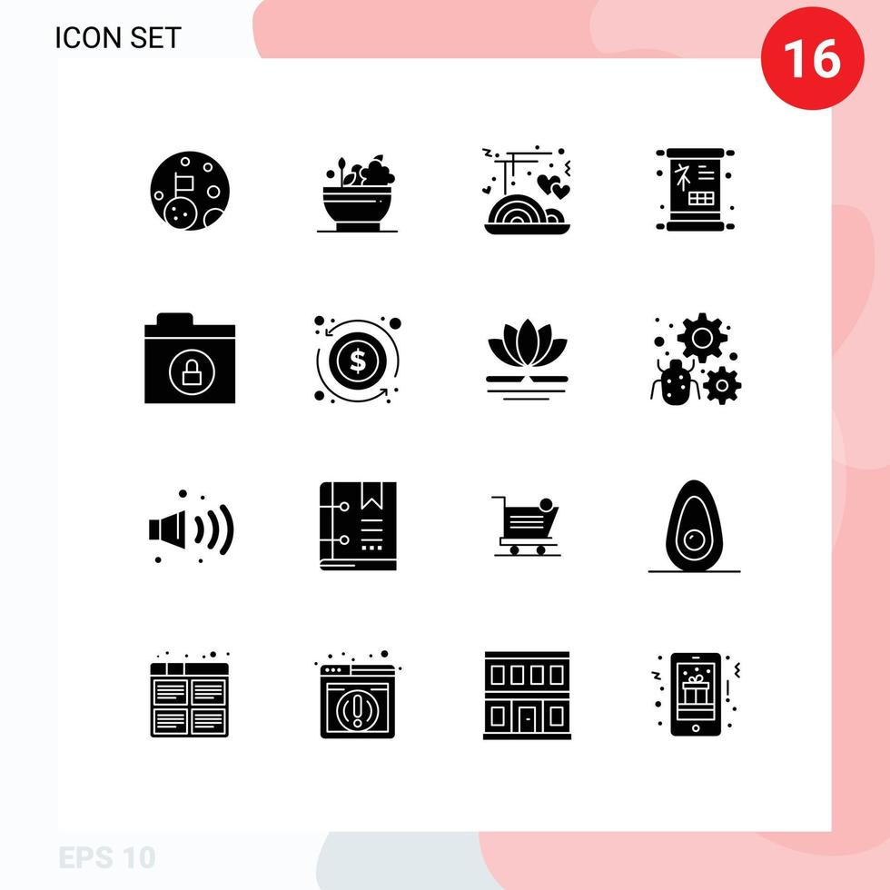 Editable Vector Line Pack of 16 Simple Solid Glyphs of folder sign chopstick new year chinese Editable Vector Design Elements