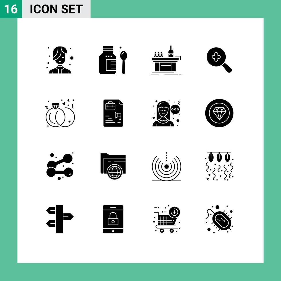 Set of 16 Modern UI Icons Symbols Signs for marriage diamond chemistry plus expanded Editable Vector Design Elements