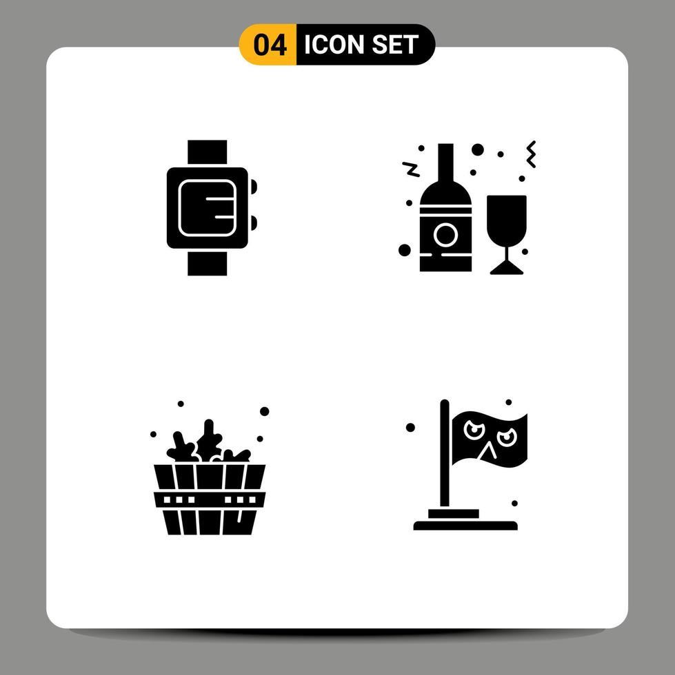 Group of 4 Modern Solid Glyphs Set for hand watch sauna alcohol glass flag Editable Vector Design Elements