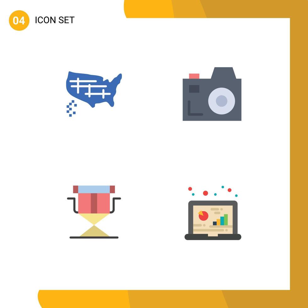 Pack of 4 creative Flat Icons of map directors usa media analysis Editable Vector Design Elements