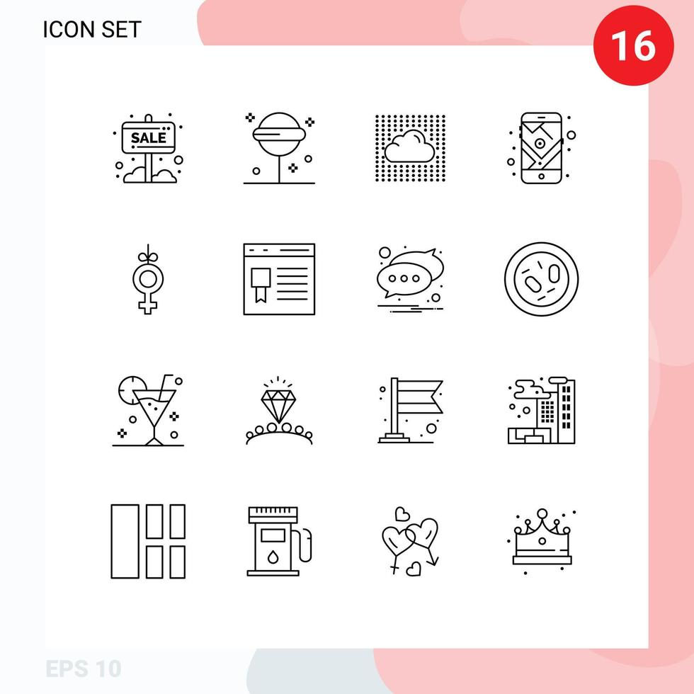 Modern Set of 16 Outlines and symbols such as route mobile sweet gps secure Editable Vector Design Elements