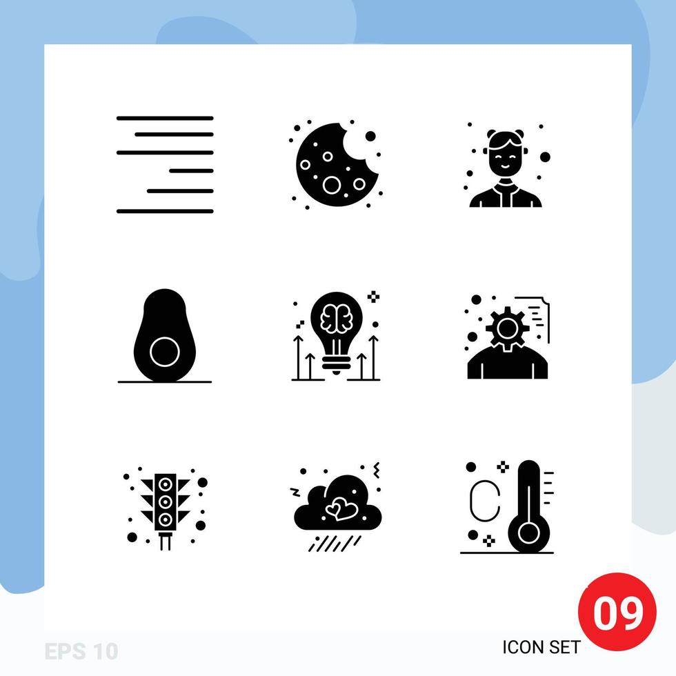 Pack of 9 Modern Solid Glyphs Signs and Symbols for Web Print Media such as idea brainstorming female brain food Editable Vector Design Elements