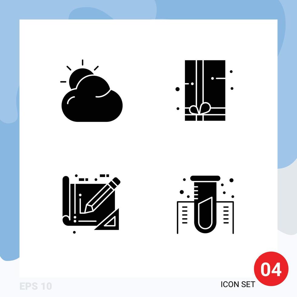 Pack of 4 creative Solid Glyphs of cloud blue print sun gift box chemistry Editable Vector Design Elements
