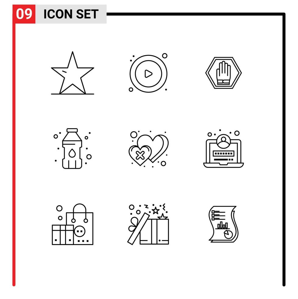 Outline Pack of 9 Universal Symbols of heart plastic container stop drinking water warning Editable Vector Design Elements