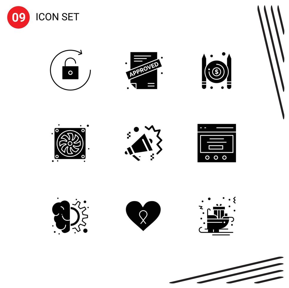 Mobile Interface Solid Glyph Set of 9 Pictograms of speaker real estate pay mike fan Editable Vector Design Elements
