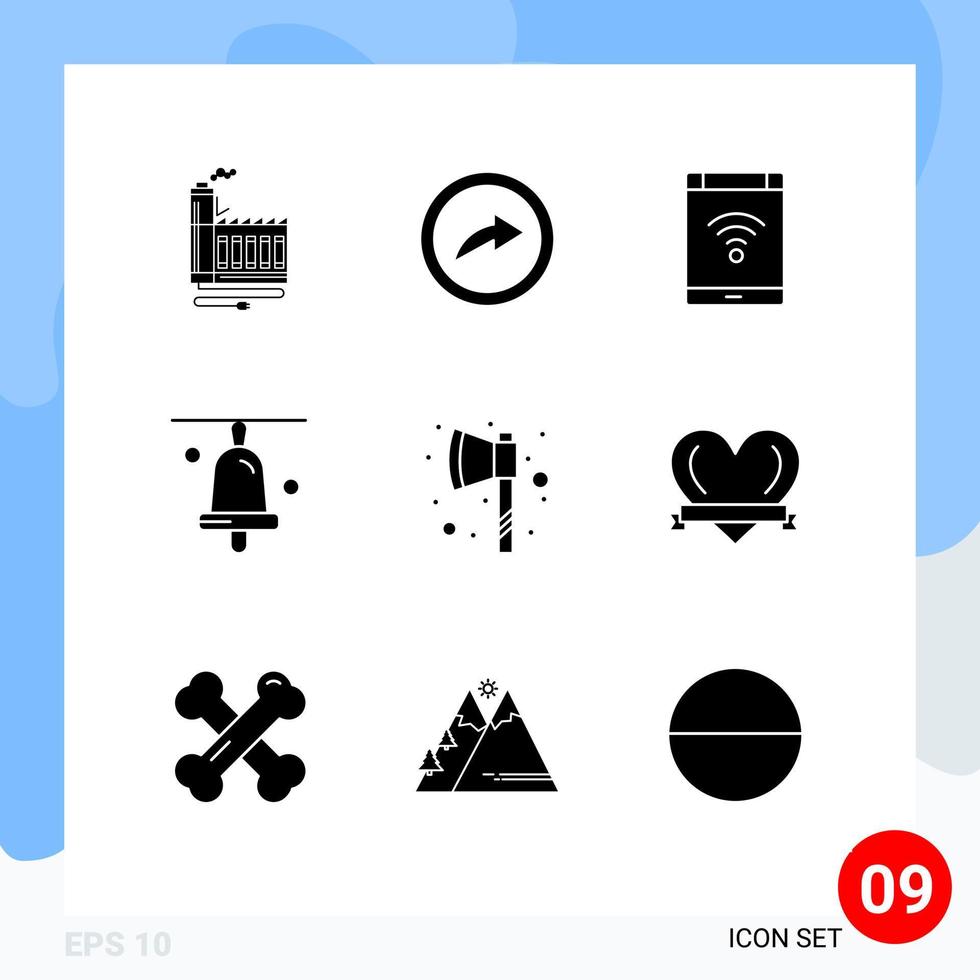paquete de 9 signos y símbolos de glifos sólidos modernos para medios de impresión web, como elementos de diseño de vectores editables de teléfonos inteligentes de educación de conexión escolar de hacha