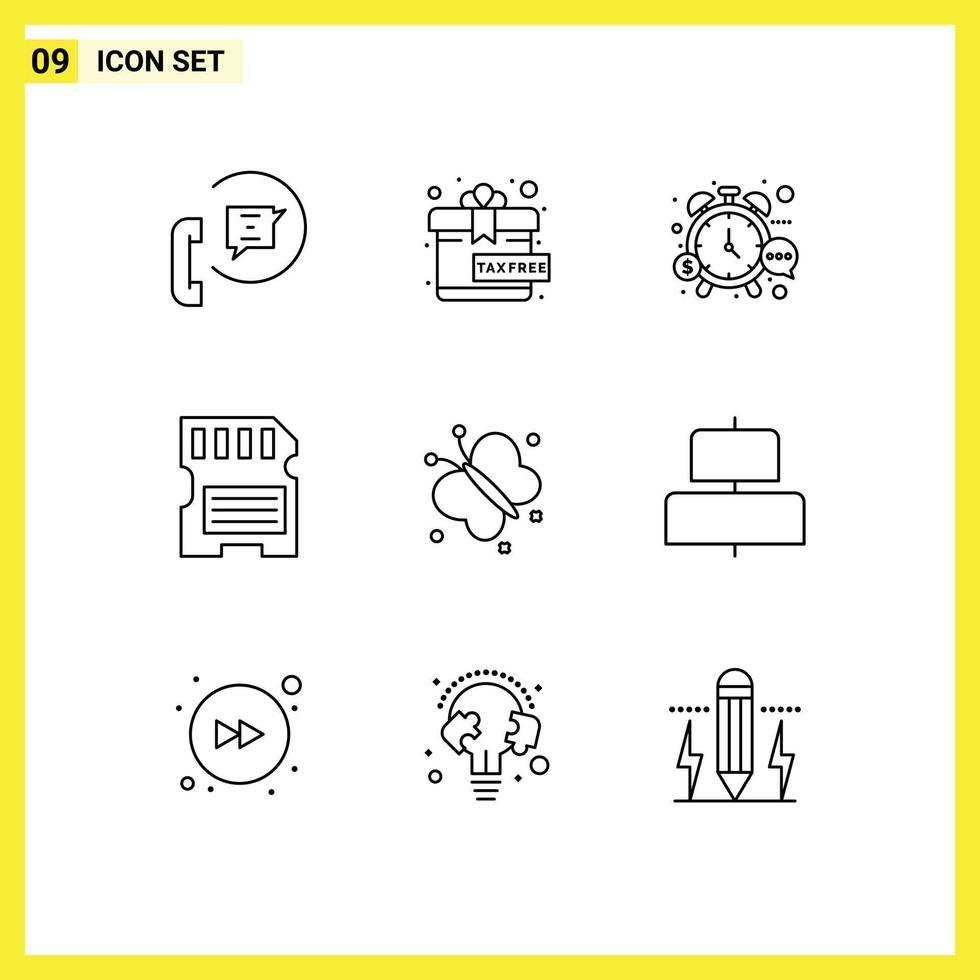 Pictogram Set of 9 Simple Outlines of butterfly memory management hardware watch Editable Vector Design Elements