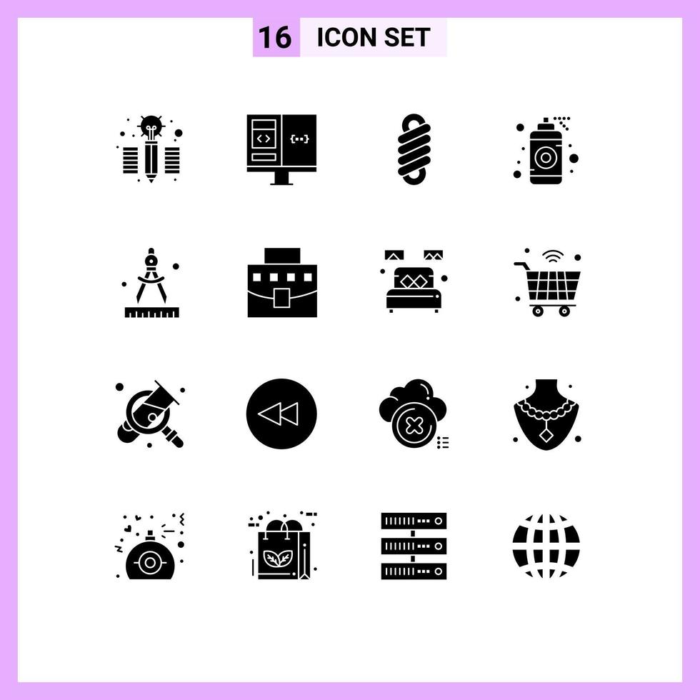 Set of 16 Vector Solid Glyphs on Grid for paint compass double spray graphic Editable Vector Design Elements