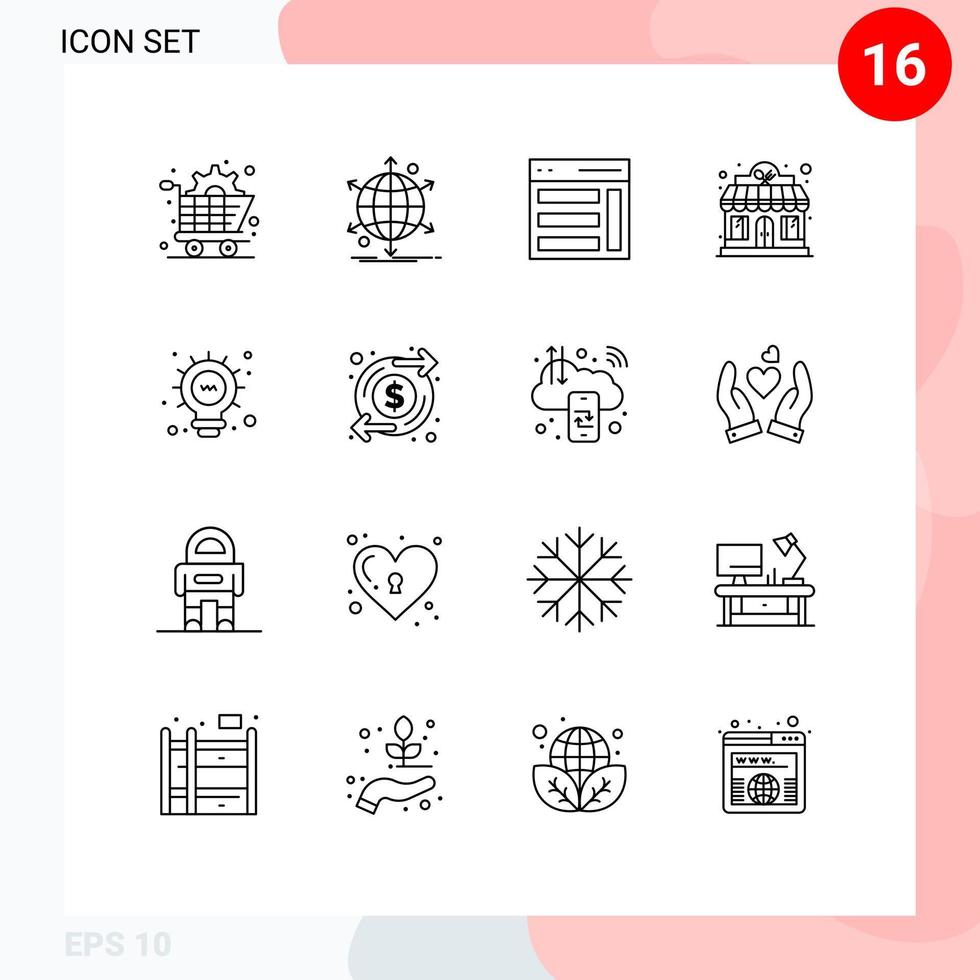 User Interface Pack of 16 Basic Outlines of store restaurant web hotel sidebar Editable Vector Design Elements