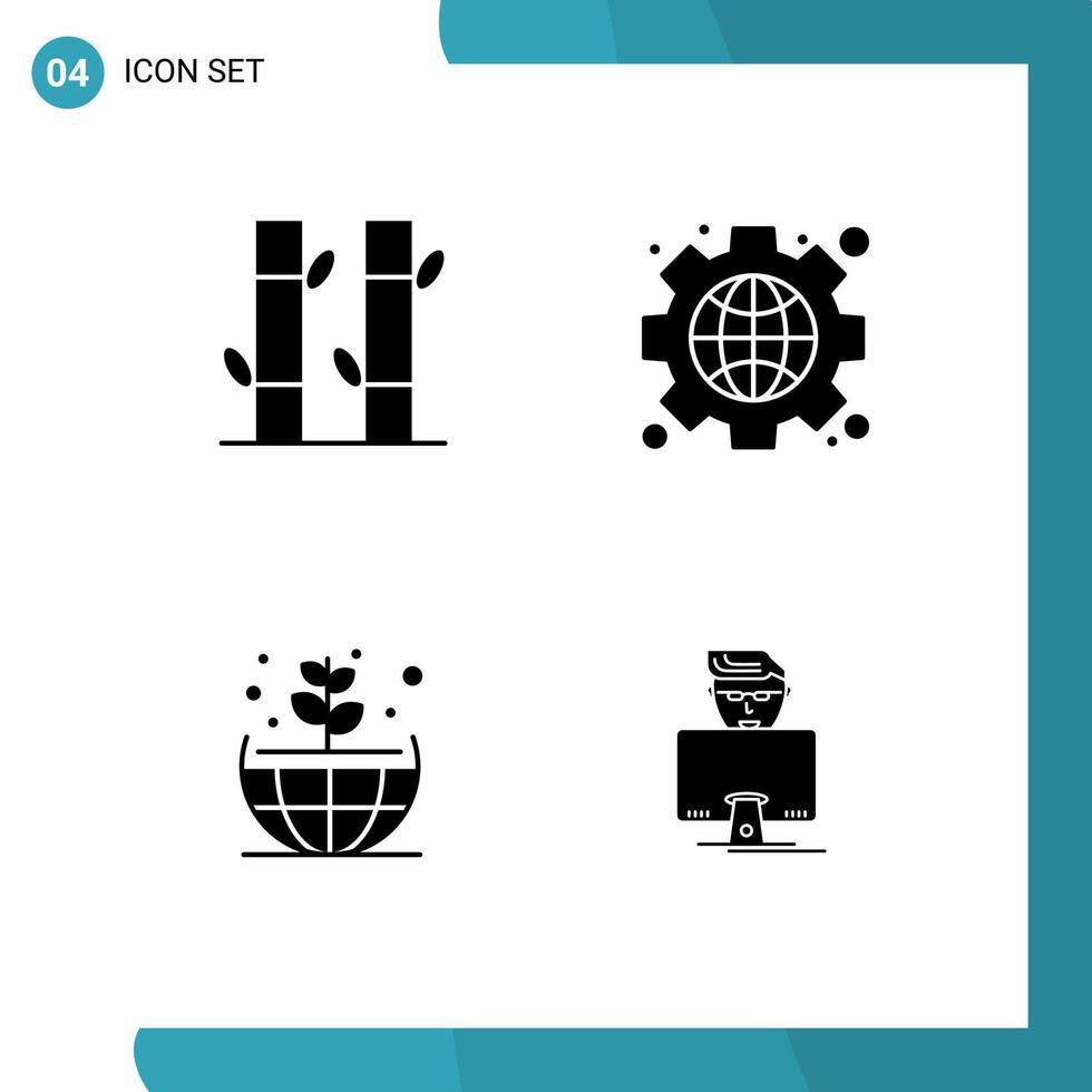 4 Thematic Vector Solid Glyphs and Editable Symbols of bamboo plant yoga web hacker Editable Vector Design Elements