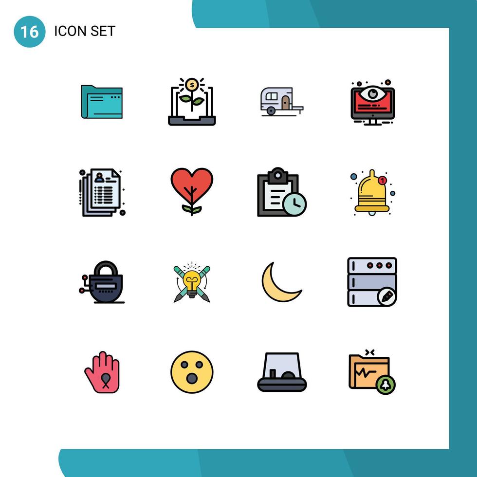 16 Universal Flat Color Filled Lines Set for Web and Mobile Applications control travel business camp caravan Editable Creative Vector Design Elements