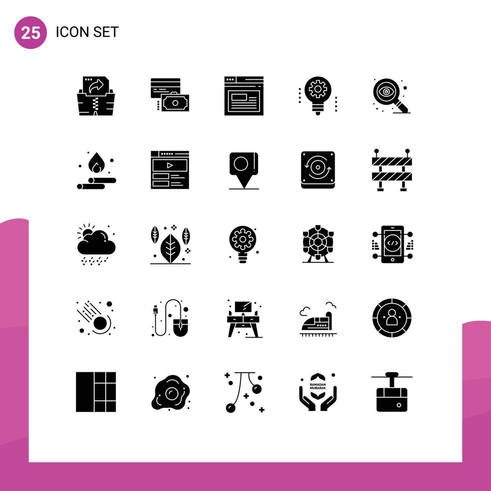 Modern Set of 25 Solid Glyphs Pictograph of eye robotics page light bulb artificial intelligence Editable Vector Design Elements