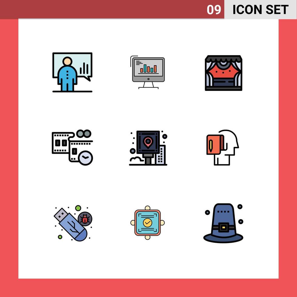 paquete de iconos de vector de stock de 9 signos y símbolos de línea para elementos de diseño de vector editables de entretenimiento de escenario de computadora de teatro de película