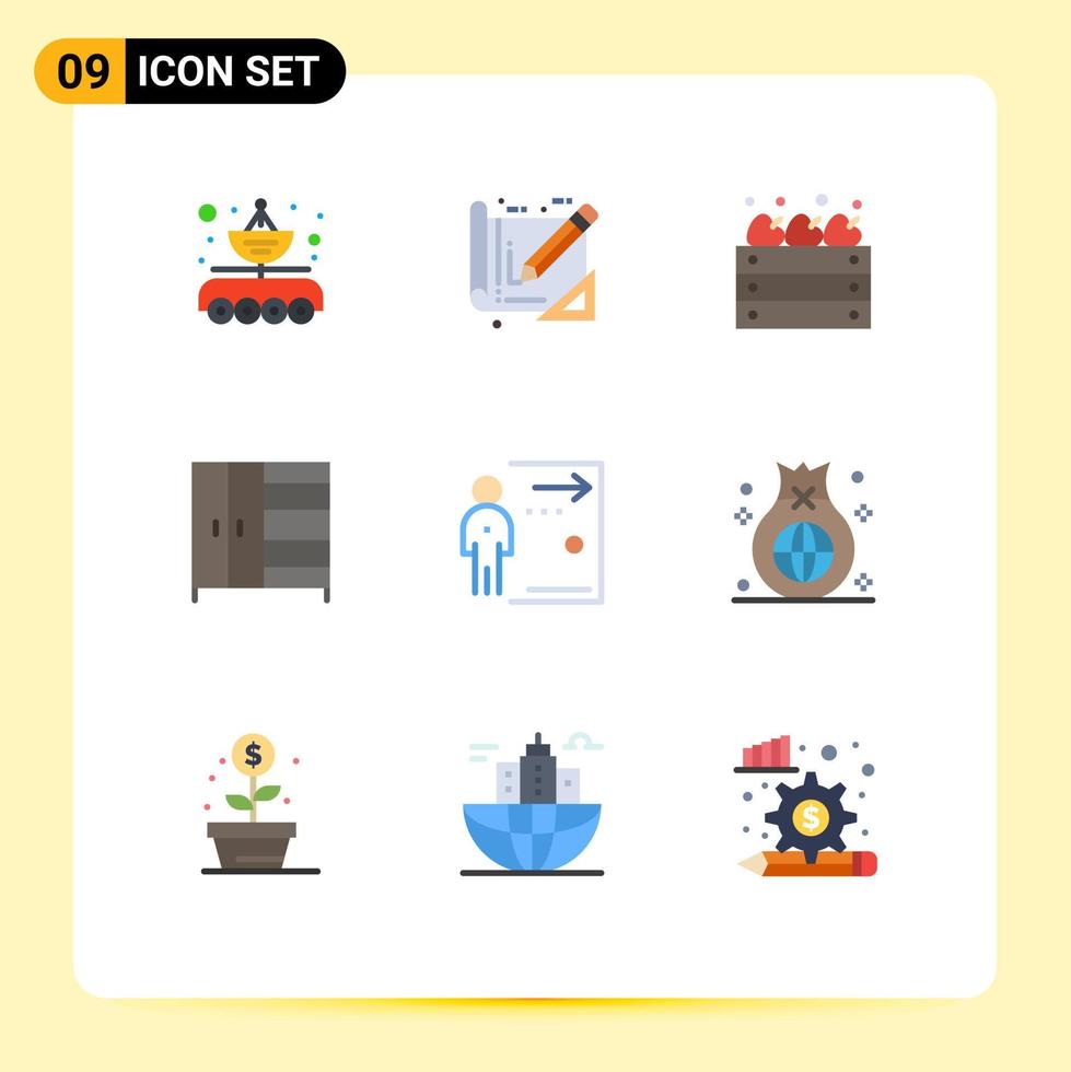 Flat Color Pack of 9 Universal Symbols of employee wardrobe construction interior farming Editable Vector Design Elements