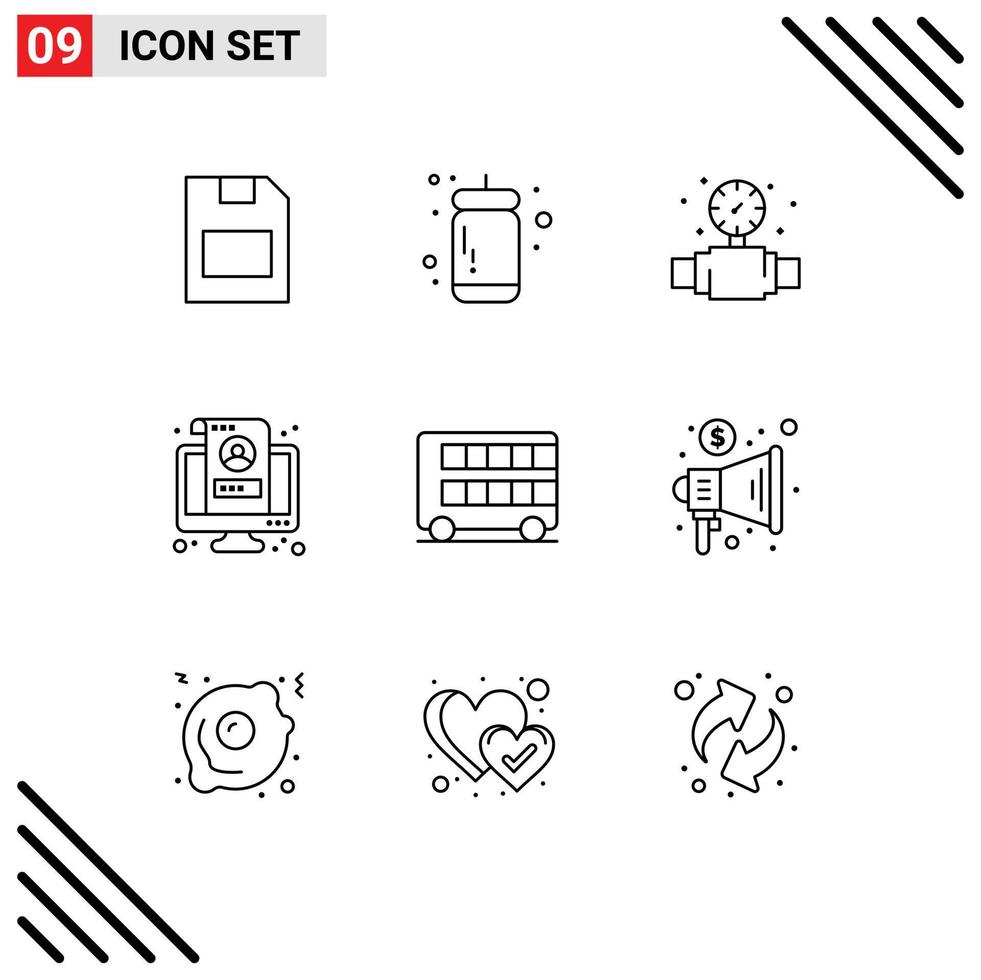 Outline Pack of 9 Universal Symbols of bus screen gauge monitor account Editable Vector Design Elements