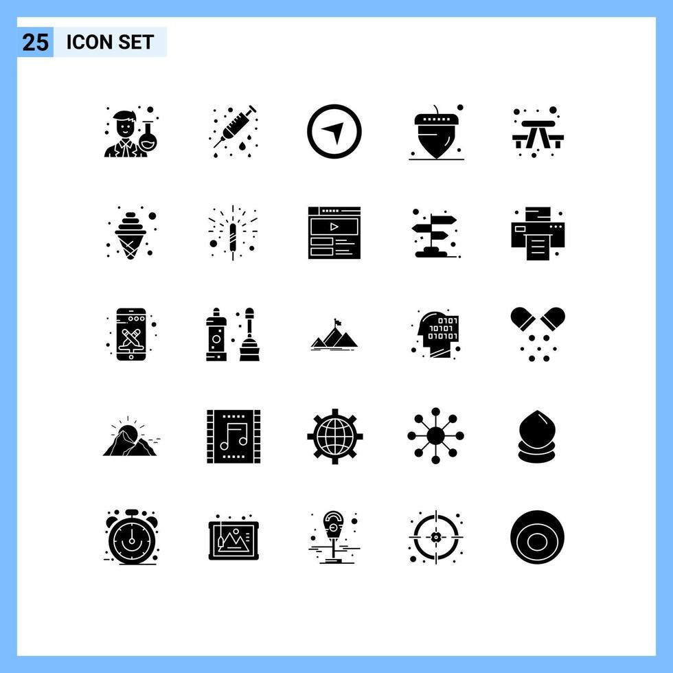 Set of 25 Vector Solid Glyphs on Grid for travel camping direction bench oak nut Editable Vector Design Elements
