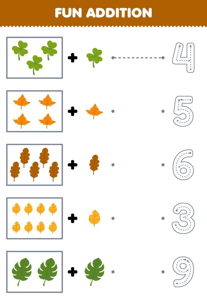 Education game for children fun counting and add one more cartoon leaf then choose the correct number nature worksheet vector