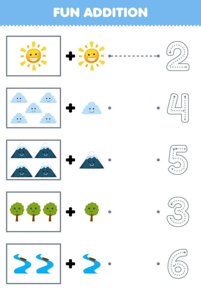 Education game for children fun counting and add one more cartoon sun cloud mountain tree river then choose the correct number nature worksheet vector