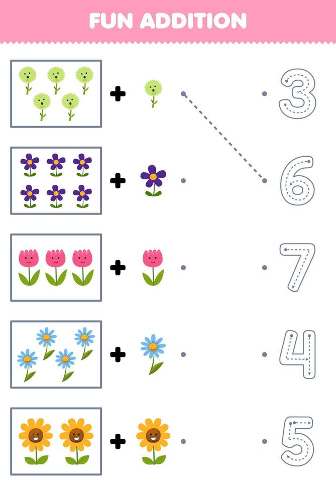 Education game for children fun counting and add one more cartoon flower then choose the correct number nature worksheet vector