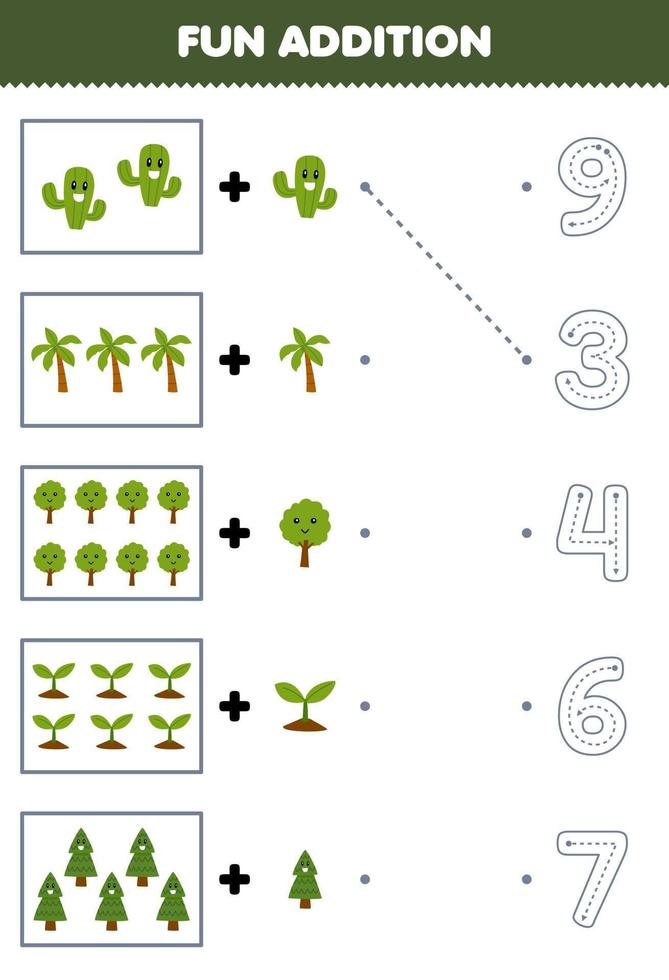 Education game for children fun counting and add one more cartoon tree then choose the correct number nature worksheet vector