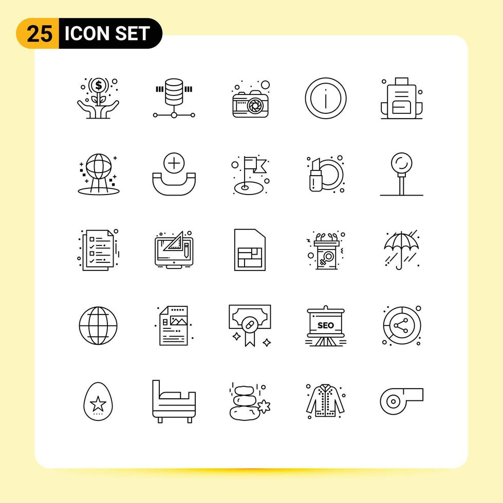 Line Pack of 25 Universal Symbols of backpack sign web hosting information help Editable Vector Design Elements