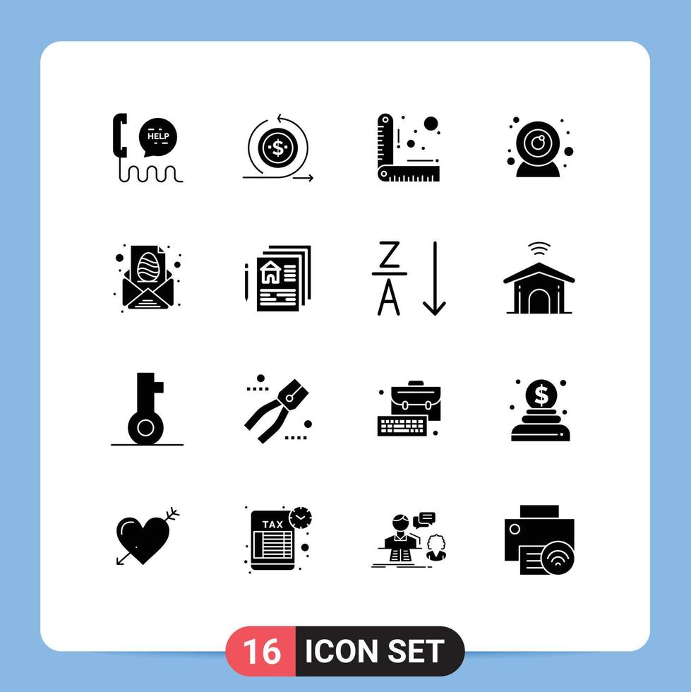 User Interface Pack of 16 Basic Solid Glyphs of egg web camera on web cam ruler Editable Vector Design Elements