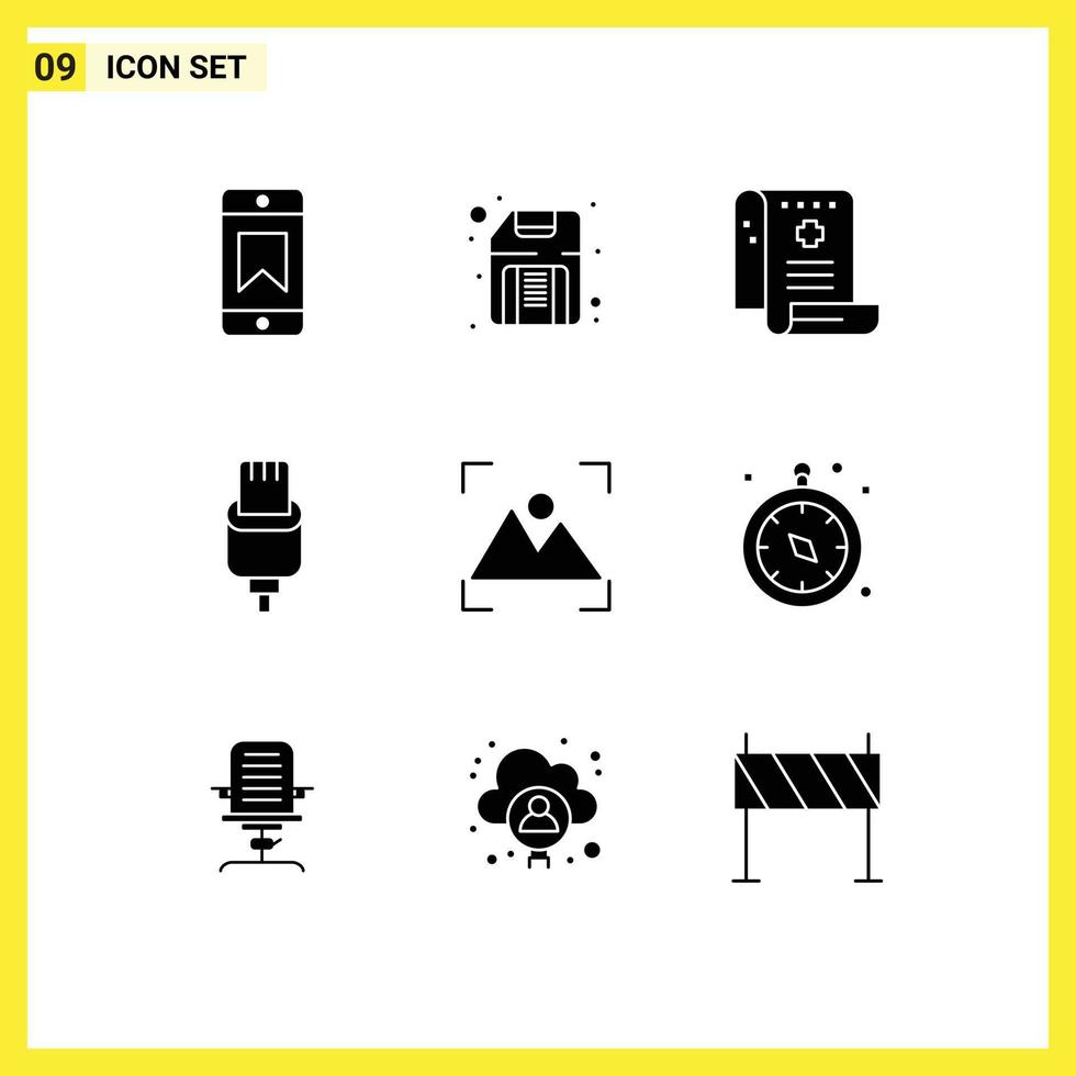 Editable Vector Line Pack of 9 Simple Solid Glyphs of focus lightning history connector cable Editable Vector Design Elements