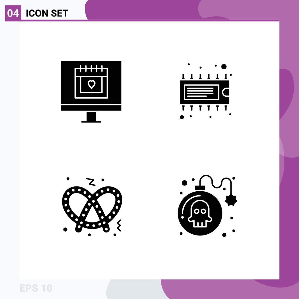 User Interface Pack of 4 Basic Solid Glyphs of calendar pretzel valentine electronic bomb Editable Vector Design Elements