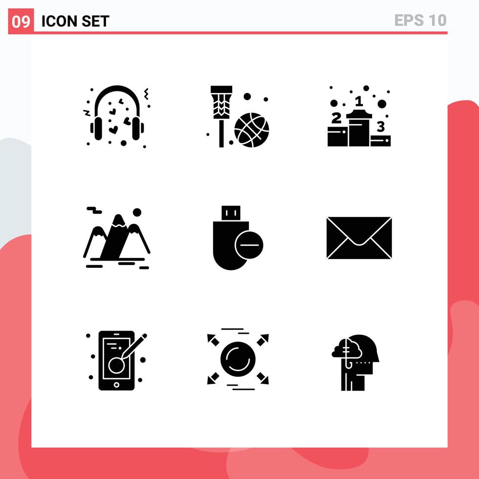 Universal Icon Symbols Group of 9 Modern Solid Glyphs of landscape travel net mountain success Editable Vector Design Elements