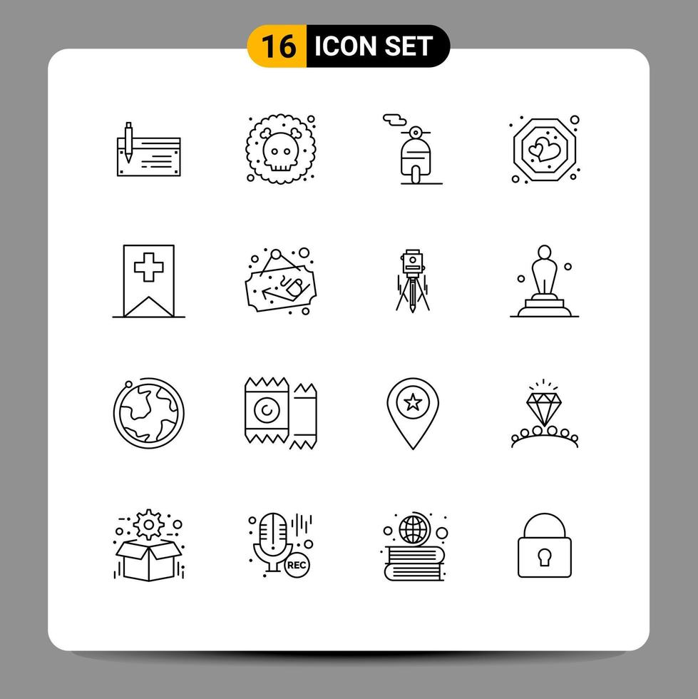 Modern Set of 16 Outlines Pictograph of tag heart poisonous favorite scooter Editable Vector Design Elements