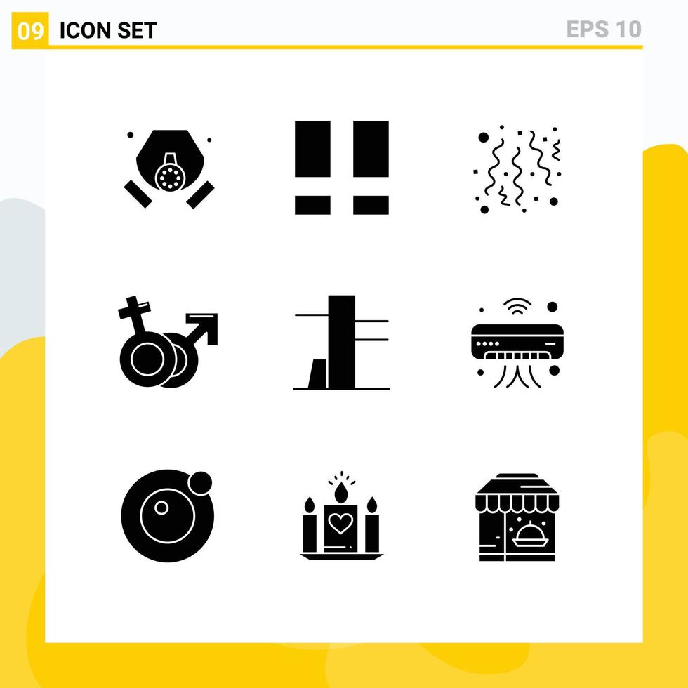 Set of 9 Commercial Solid Glyphs pack for tools and utensils male birthday mars gender Editable Vector Design Elements