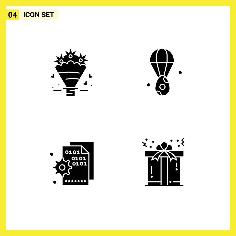 Group of 4 Solid Glyphs Signs and Symbols for popcone codding wedding bloon page Editable Vector Design Elements