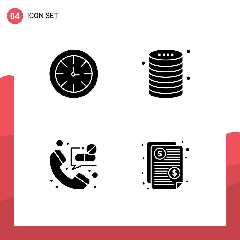 Universal Icon Symbols Group of 4 Modern Solid Glyphs of watch call global database emergency Editable Vector Design Elements