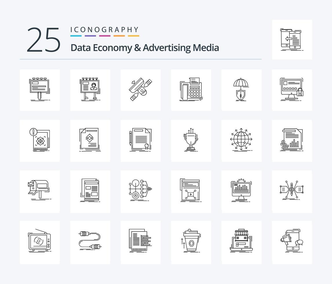 Data Economy And Advertising Media 25 Line icon pack including telephone. fax. poster. transmitter. radio vector