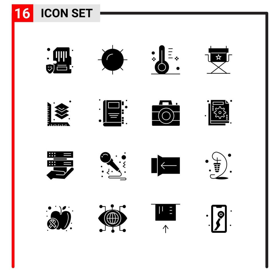 Modern Set of 16 Solid Glyphs and symbols such as layer scale cloudy director chair Editable Vector Design Elements