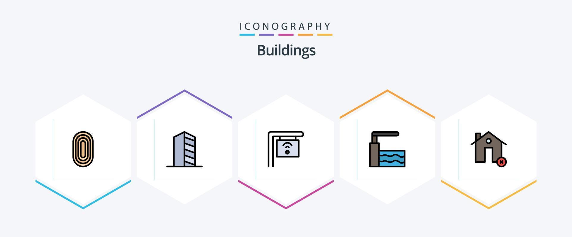 paquete de iconos de 25 líneas completas de edificios que incluye cancelar. agua. paisaje. trampolín. signo vector