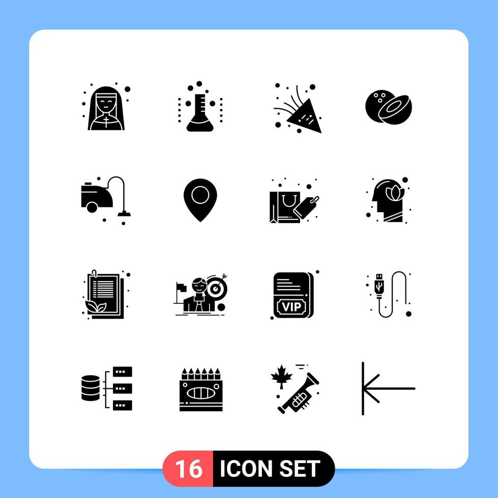 Set of 16 Modern UI Icons Symbols Signs for cleaning clean laboratory food party time Editable Vector Design Elements