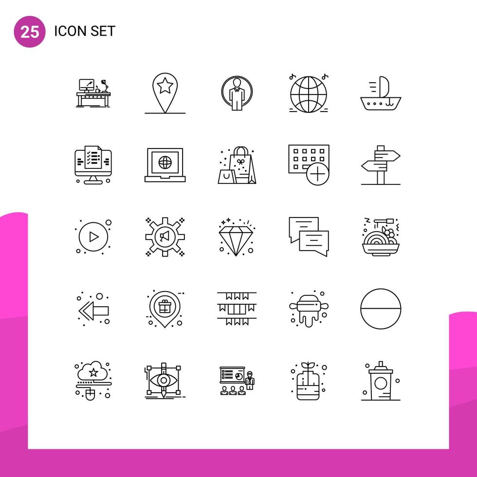 Group of 25 Lines Signs and Symbols for sail music location world login Editable Vector Design Elements