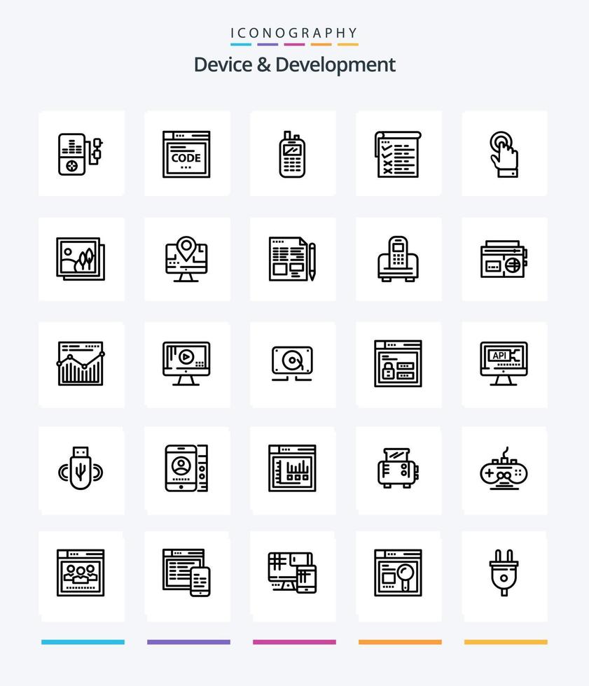 dispositivo creativo y desarrollo 25 paquete de iconos de esquema como interfaz. tocar radio. qa pruebas vector