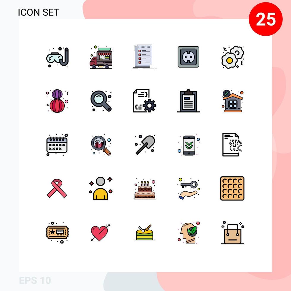 25 Thematic Vector Filled line Flat Colors and Editable Symbols of cookies power supply checklist plug electrical Editable Vector Design Elements