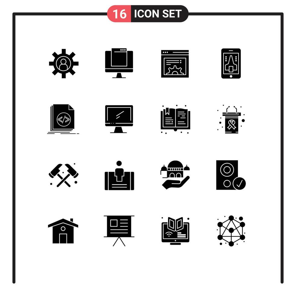 User Interface Pack of 16 Basic Solid Glyphs of coding smartphone popup mobile game Editable Vector Design Elements