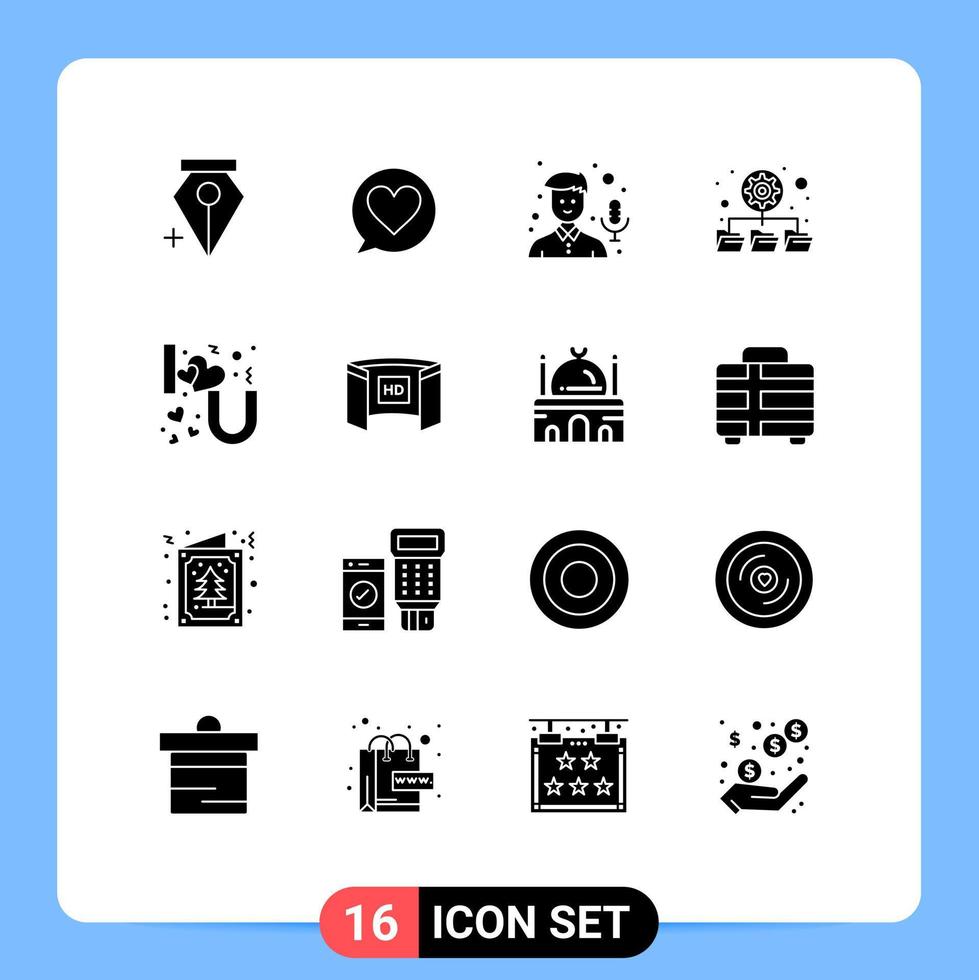 Pictogram Set of 16 Simple Solid Glyphs of cinematography love microphone i network Editable Vector Design Elements
