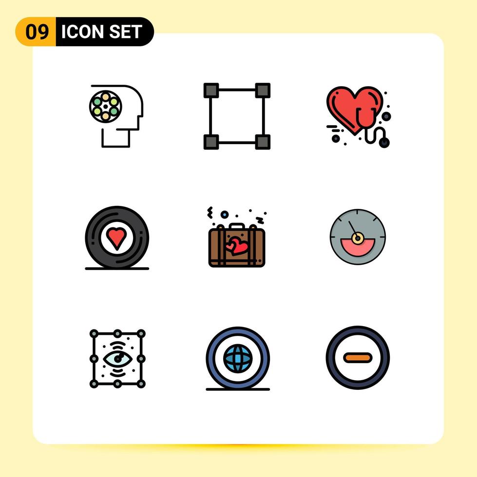 Group of 9 Modern Filledline Flat Colors Set for bag printer care heart heart Editable Vector Design Elements