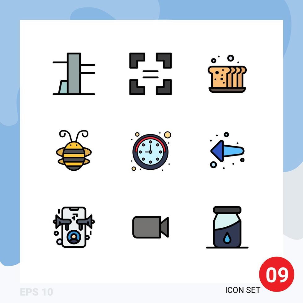 conjunto de pictogramas de 9 colores planos de línea rellena simple de flecha tiempo comida reloj mariquita elementos de diseño vectorial editables vector