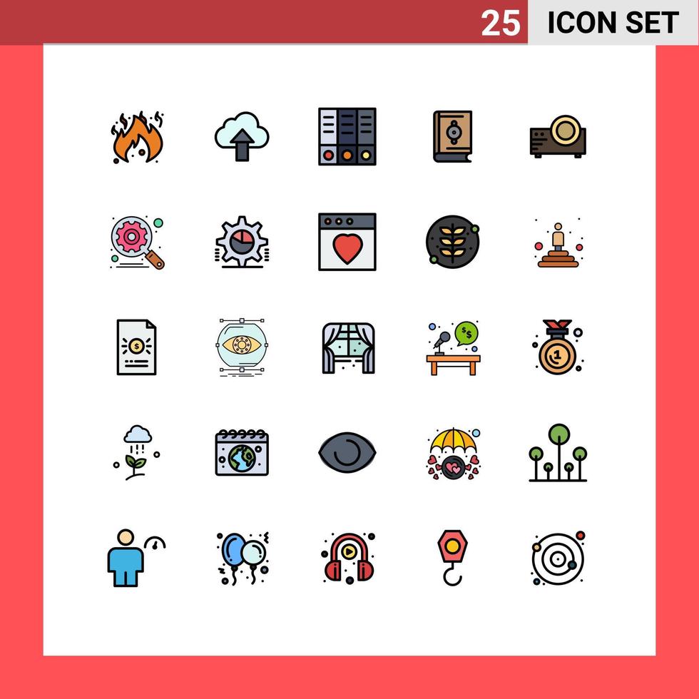 25 líneas rellenas de vectores temáticos colores planos y símbolos editables de elementos de diseño de vectores editables del corán del proyector de carpetas de películas multimedia